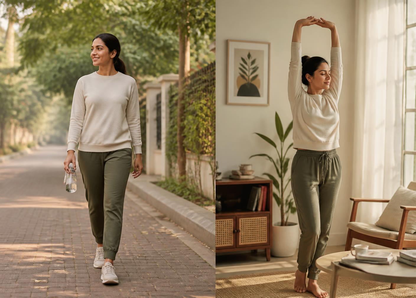 A woman walking outdoors and stretching gently at home